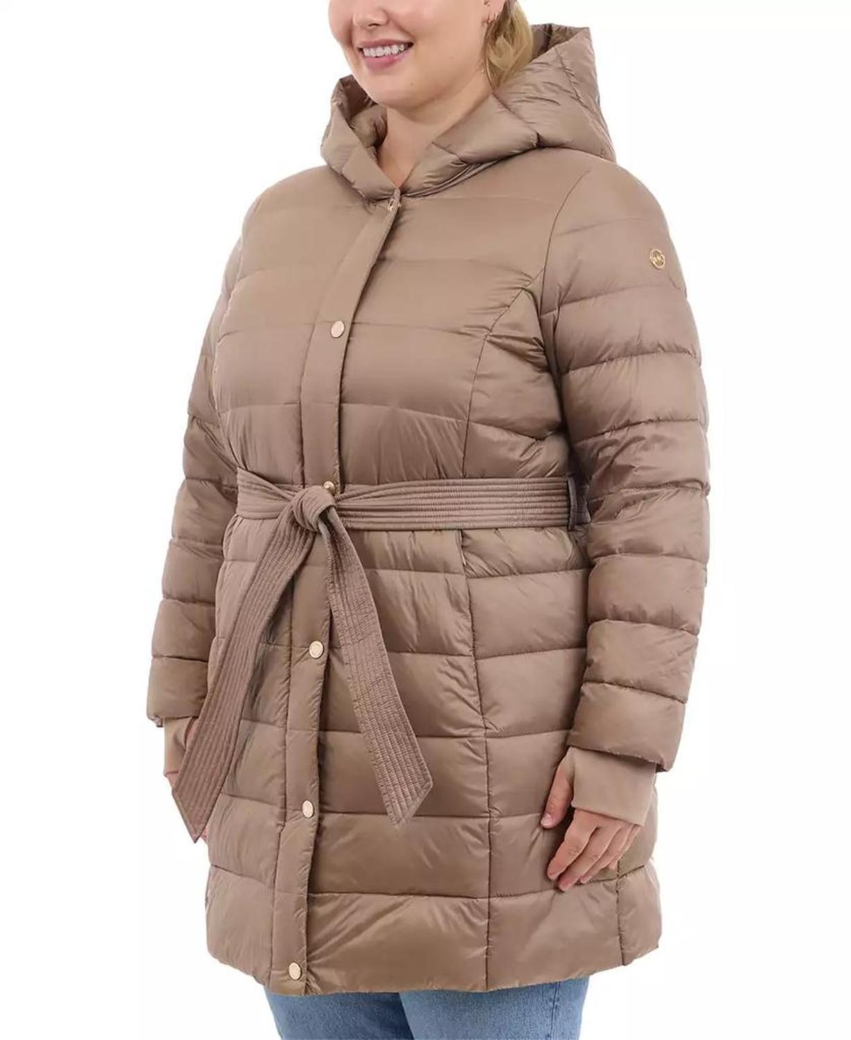 Plus Size Hooded Belted Down Puffer Coat, Created for Macy's