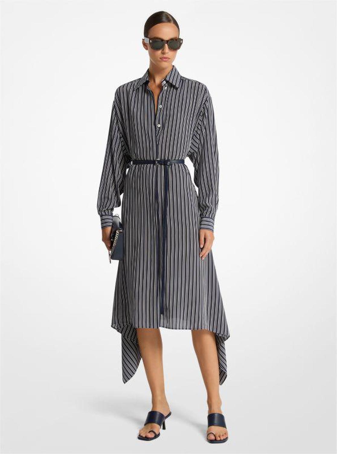 Striped Silk Crepe De Chine Cascade Shirtdress