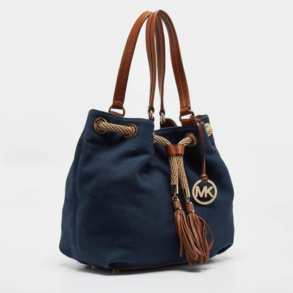 Michael Kors Navy Blue/brown Canvas Marina Drawstring Tote