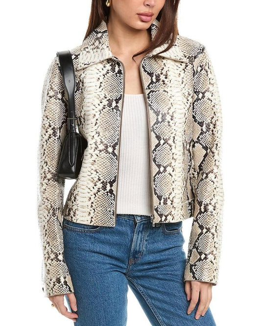 Zip Front Python-Embossed Leather Jacket