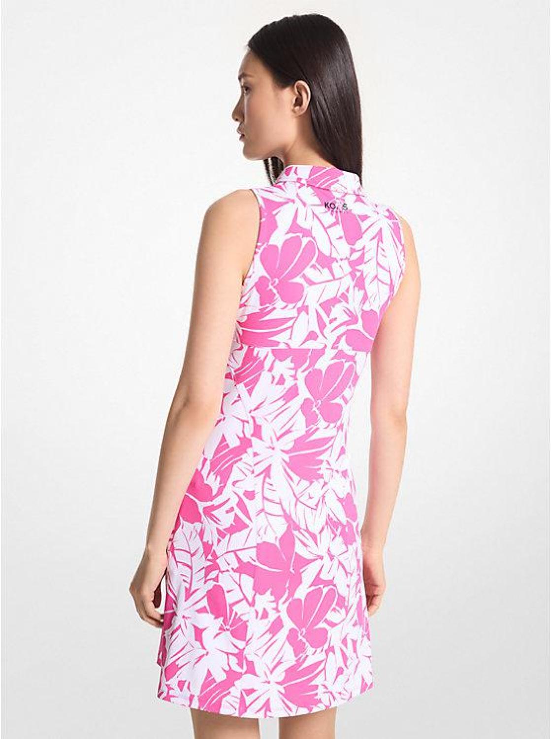 Golf Palm Print Stretch Knit Zip-Up Polo Dress