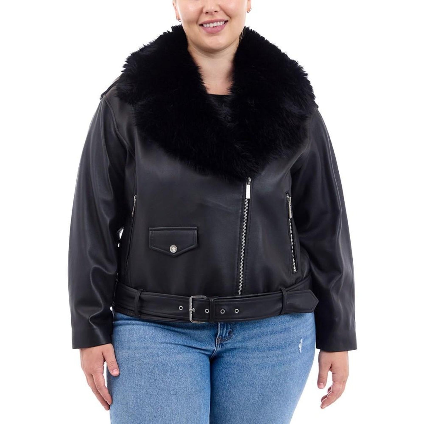 Plus Size Faux-Fur-Collar Leather Moto Coat