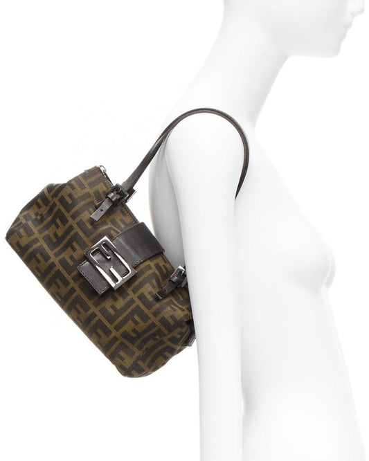 FENDI Vintage brown leather handle Zucca Monogram canvas mini cube boston bag