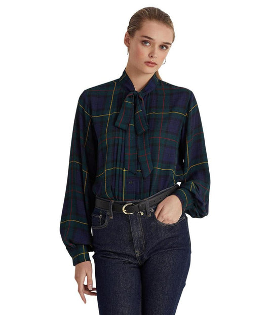 Plaid Tie Neck Georgette Shirt