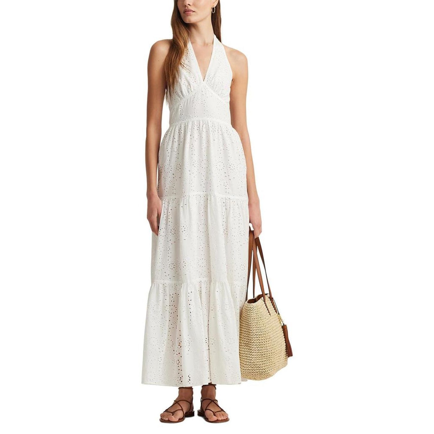 Eyelet Cotton Tiered Halter Dress