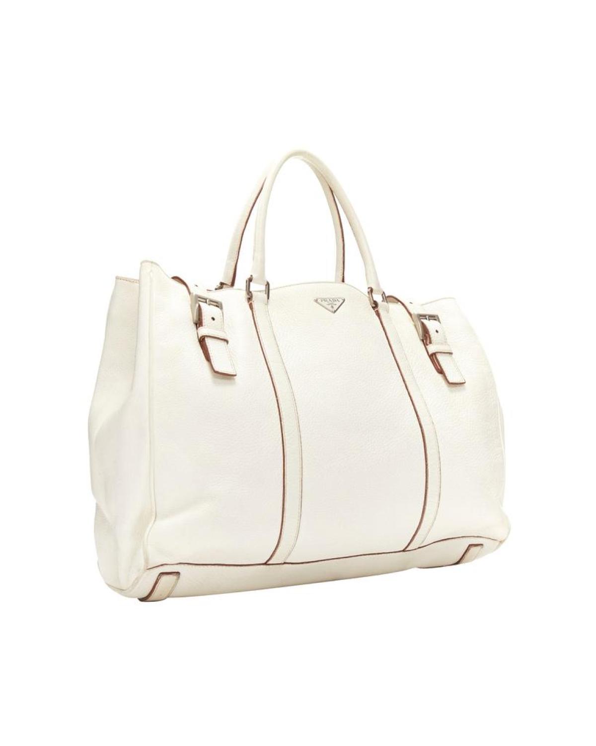 PRADA ivory white grained leather silver triangle logo buckle strap tote bag