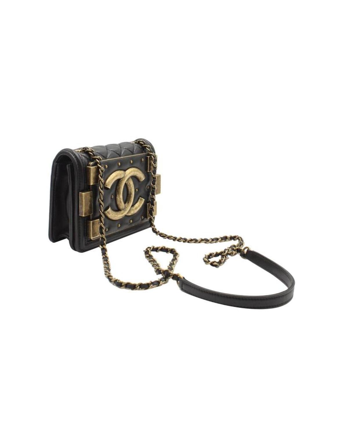 Chanel Classic Studded Boy Brick Flap Bag in Black Lambskin Leather