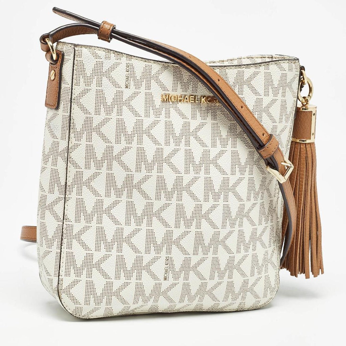 Michael Kors White Signature Coated Canvas And Leather Tassel Messenger Bag