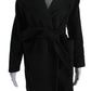 Womens Long Sleeve Belted Collared V Neck Camel Coat Black