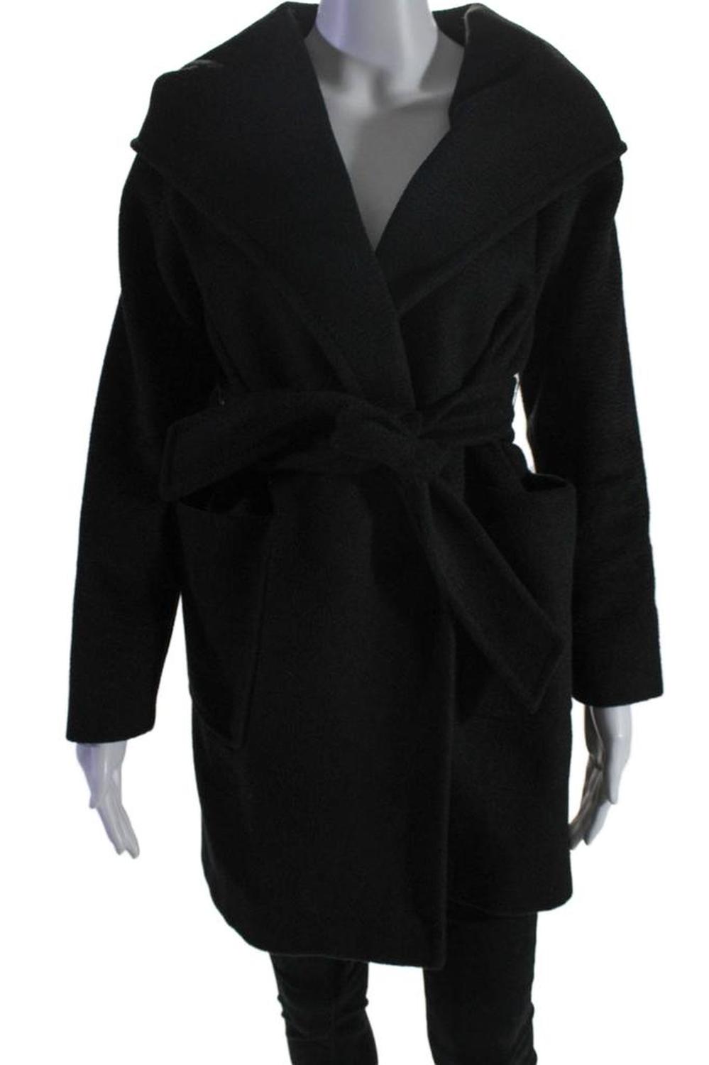 Womens Long Sleeve Belted Collared V Neck Camel Coat Black