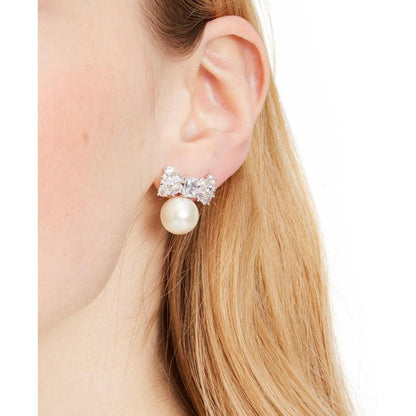 Silver-Tone Cubic Zirconia Bow & Imitation Pearl Statement Stud Earrings