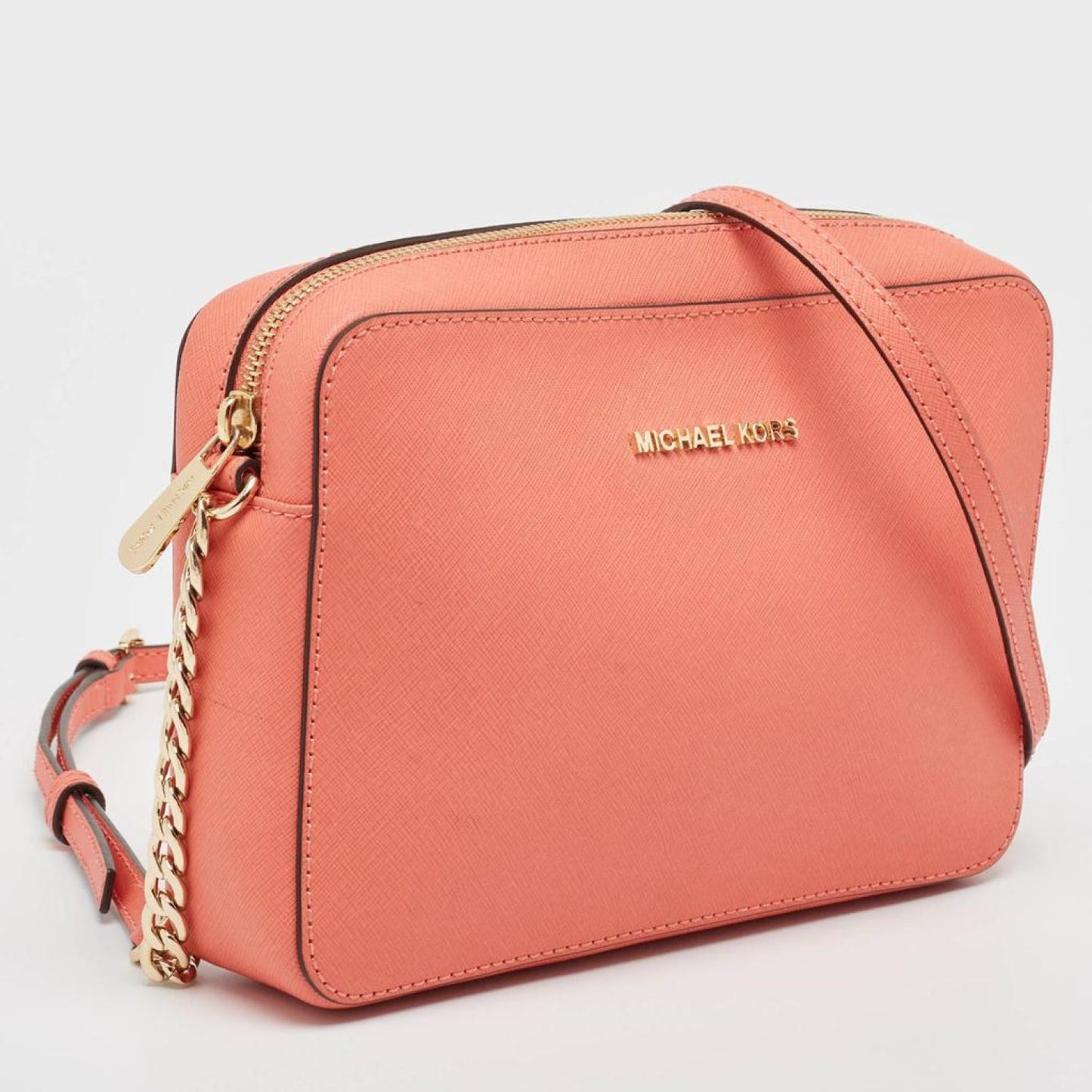 Michael Michael Kors Peach Saffiano Leather Jet Set Camera Crossbody Bag