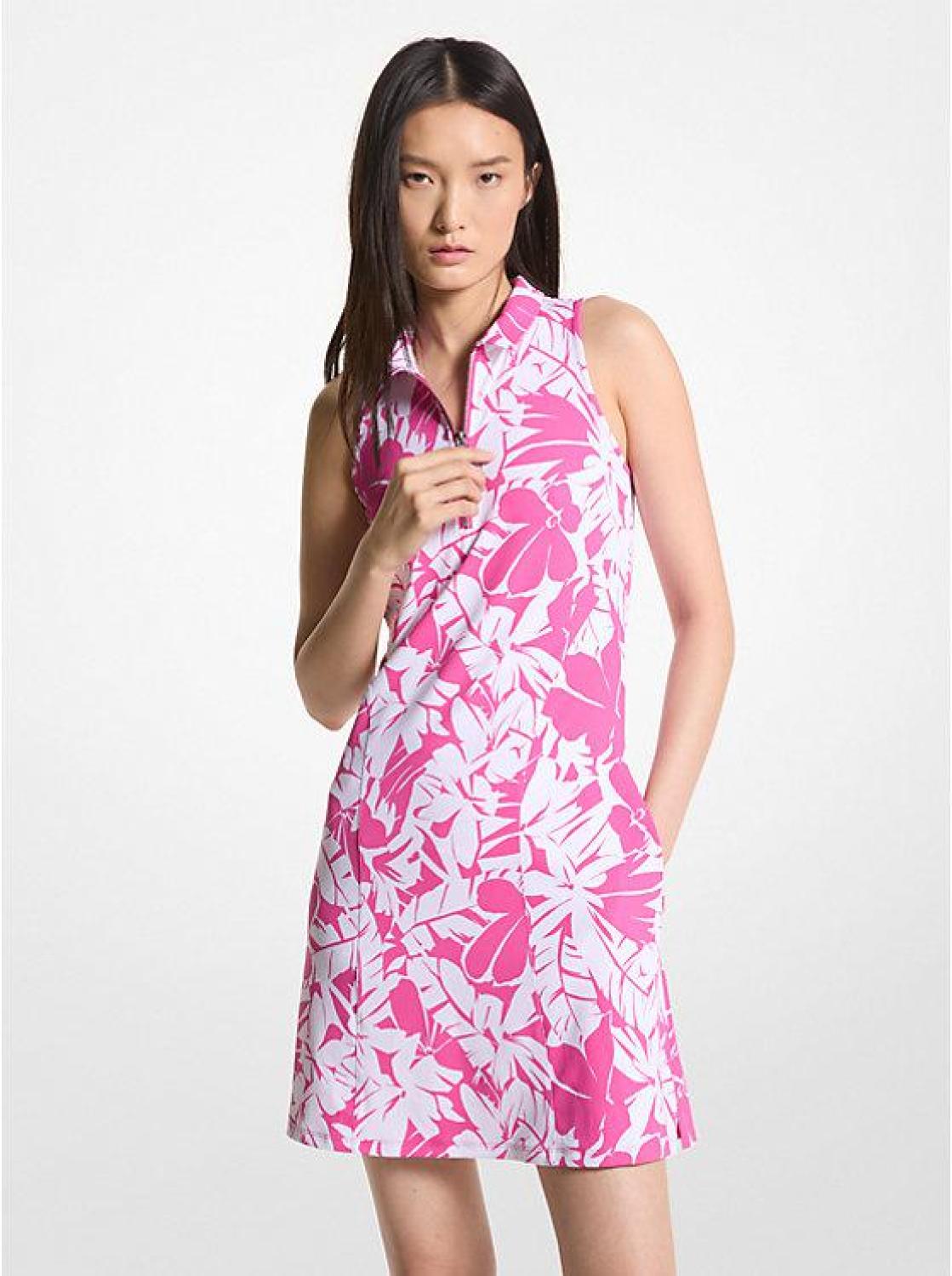 Golf Palm Print Stretch Knit Zip-Up Polo Dress