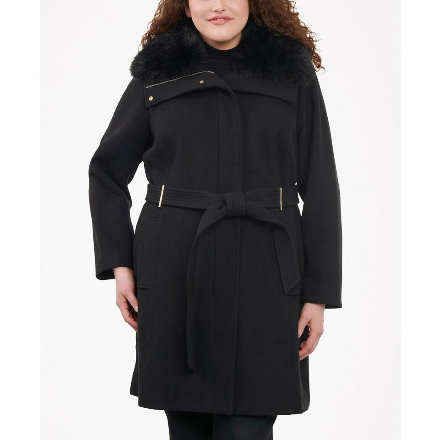 Women's Plus Size Belted Faux-Fur-Collar Coat