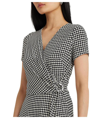 Houndstooth Jersey Surplice Dress