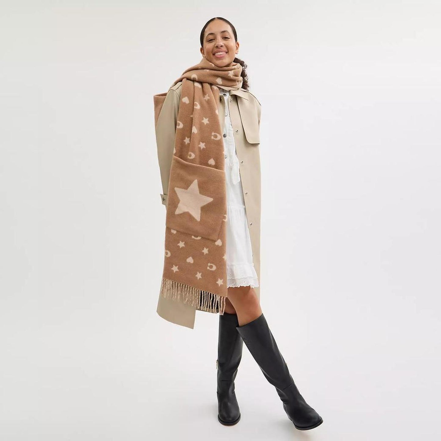 Coach Outlet Stars And Hearts Print Oversized Muffler With Pockets