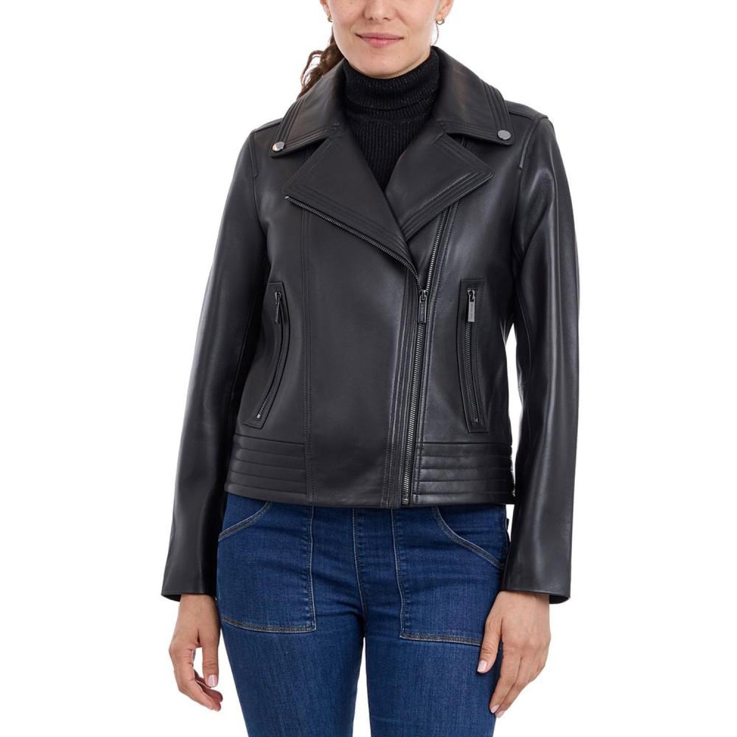 Petite Asymmetric Leather Moto Coat