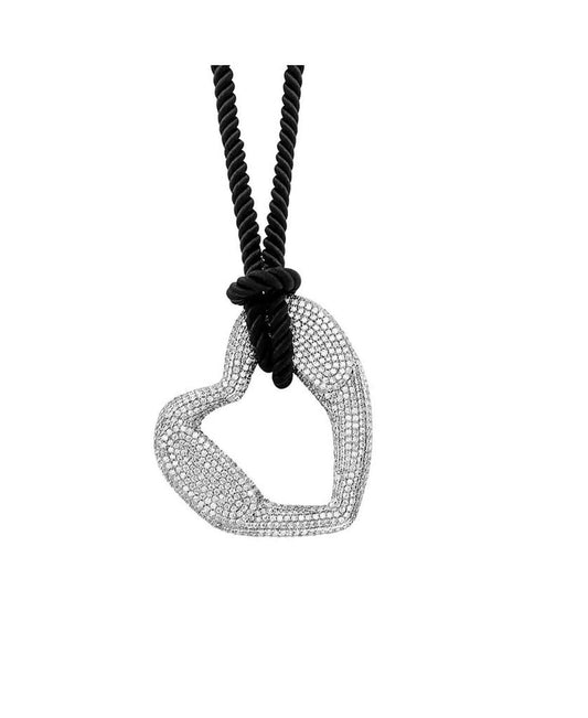 Platinum-Plated Brass Pavé Heart Curb Corded Necklace