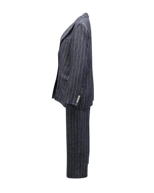 Max Mara Striped Double-Breasted Suit Set in Dark Grey Linen