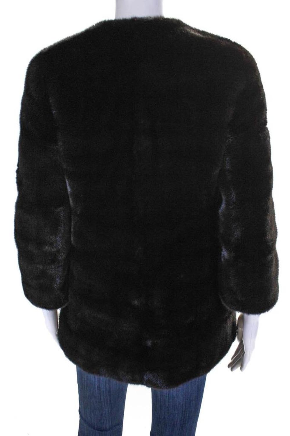 Michael Kors Womens Crew Neck Hook & Eye Mink Fur Coat Dark Brown