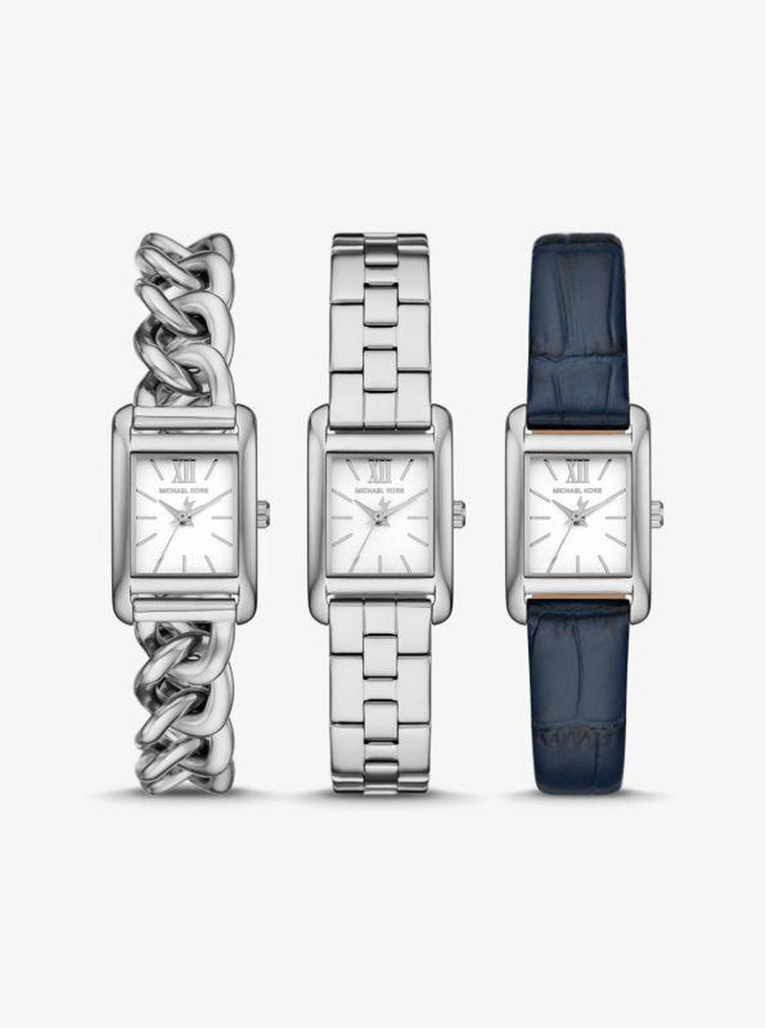 Petite Monroe Silver-Tone and Crocodile-Embossed Leather Watch Strap Set