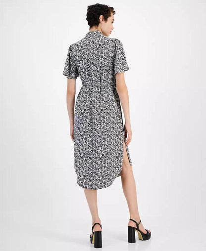 MICHAEL Women's Printed Flutter-Sleeve Chain-Belt Dress