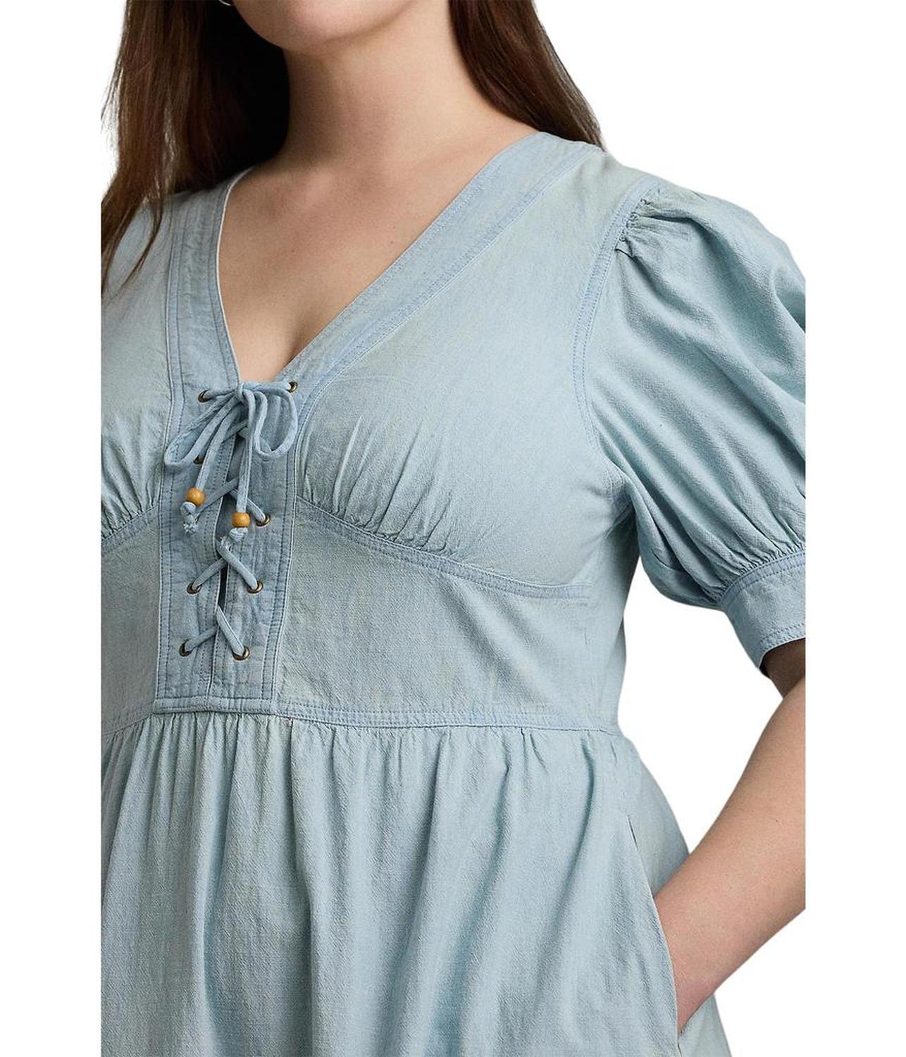 Plus-Size Chambray Puff-Sleeve Dress