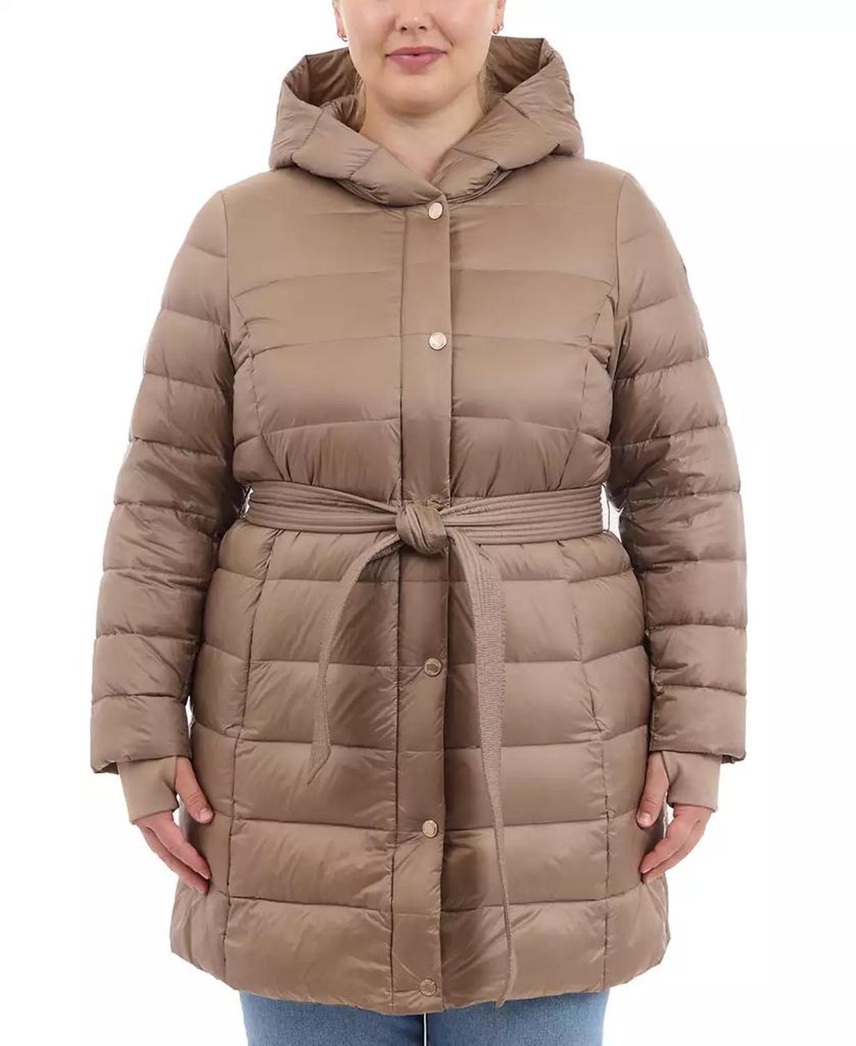 Plus Size Hooded Belted Down Puffer Coat, Created for Macy's