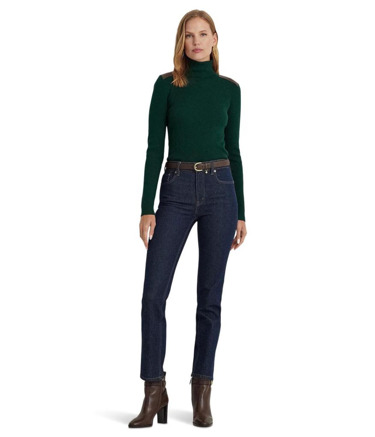 Petite Faux Leather Trim Ribbed Turtleneck