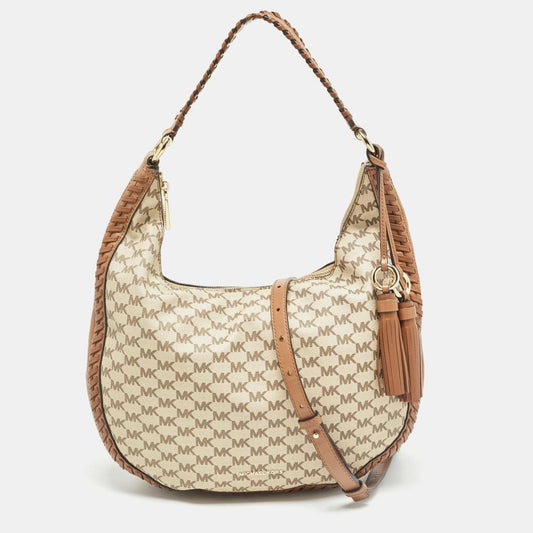 Michael Kors Beige/brown Signature Coated Canvas And Leather Lauryn Hobo