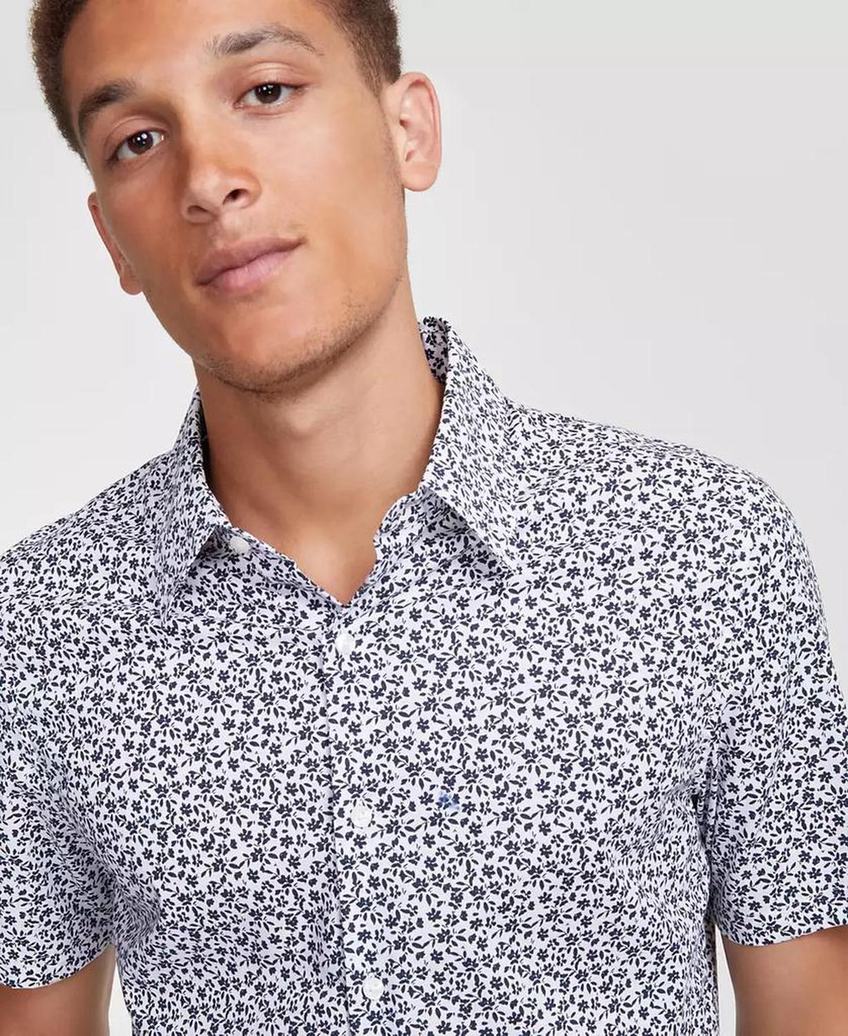 Men's Slim-Fit Stretch Micro Floral Short-Sleeve Button-Down Shirt