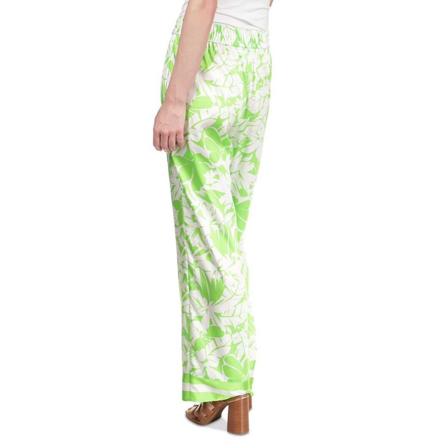 MICHAEL Women's Palm Print Wide-Leg Satin Pants