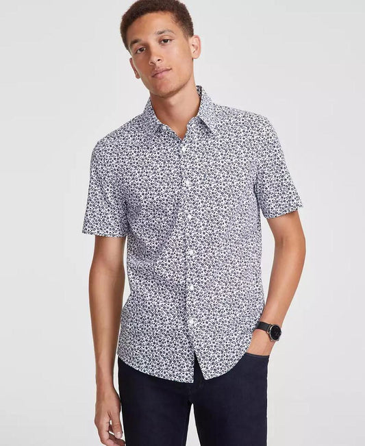 Men's Slim-Fit Stretch Micro Floral Short-Sleeve Button-Down Shirt