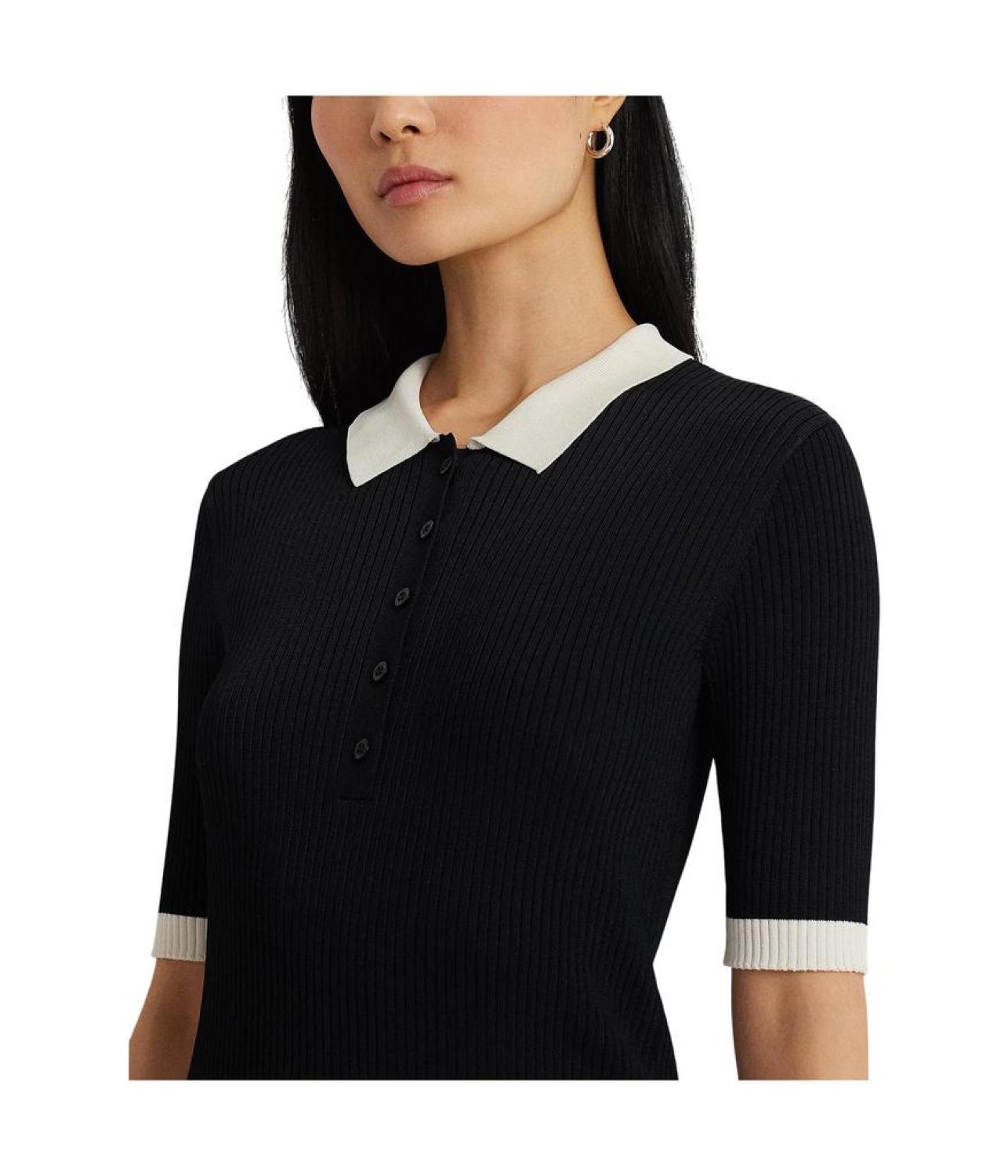 Two-Tone Rib-Knit Polo Sweater Dress