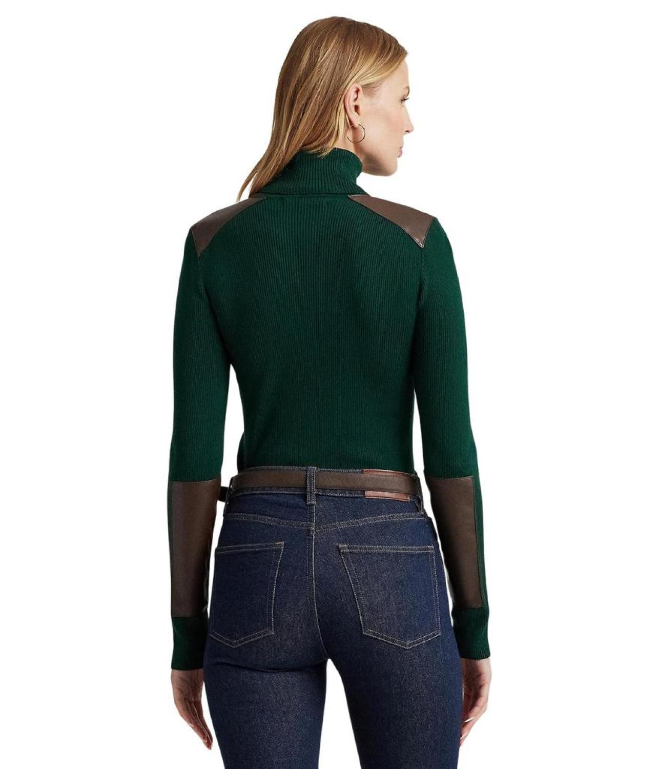 Petite Faux Leather Trim Ribbed Turtleneck