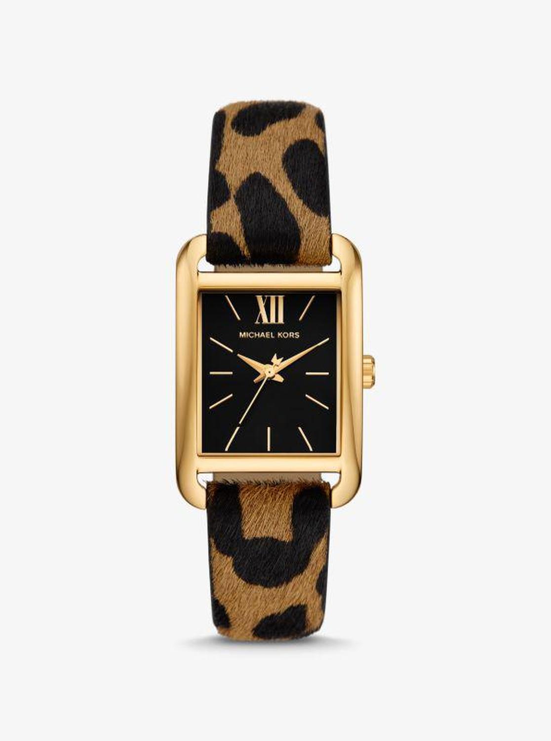 Monroe Gold-Tone and Leopard Print Calf Hair Watch