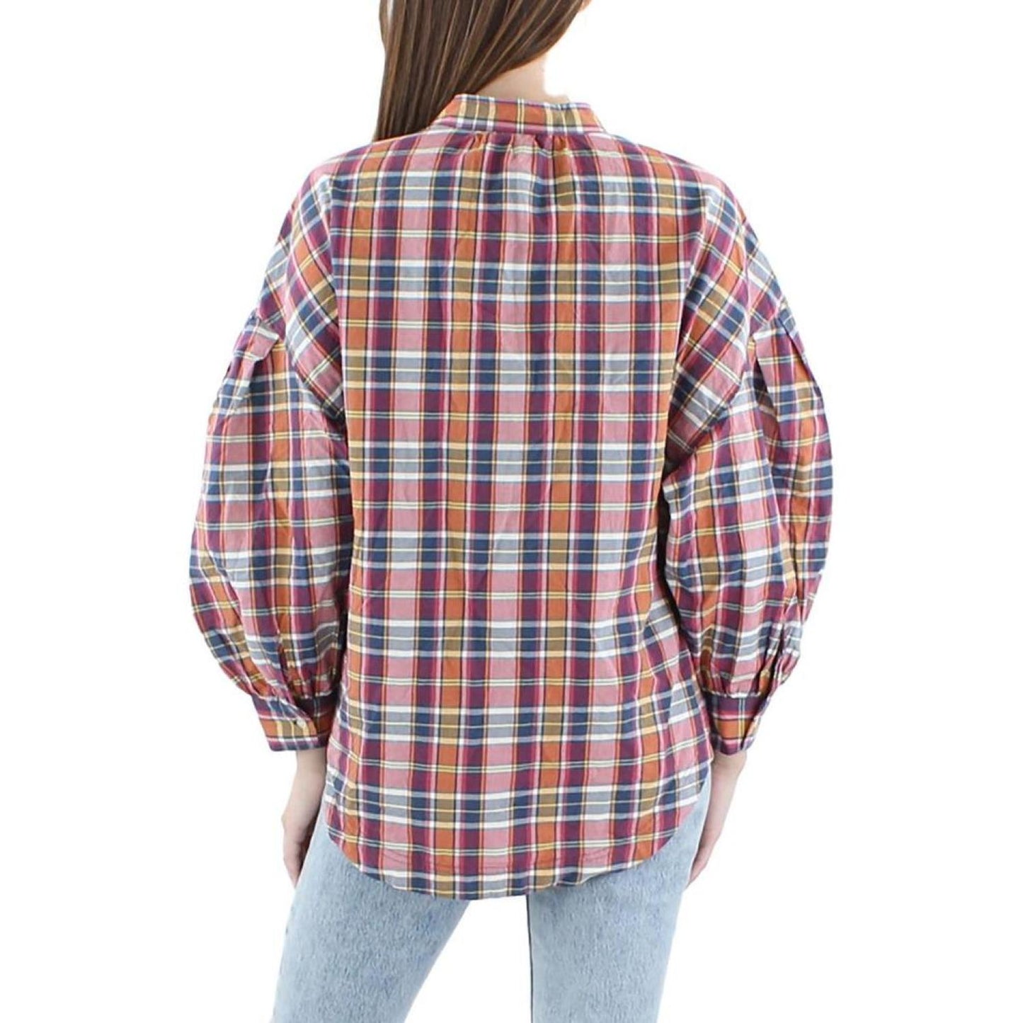 Womens Tie Neck Plaid Blouse