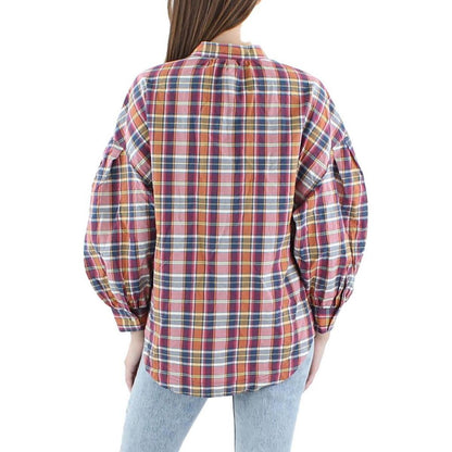 Womens Tie Neck Plaid Blouse