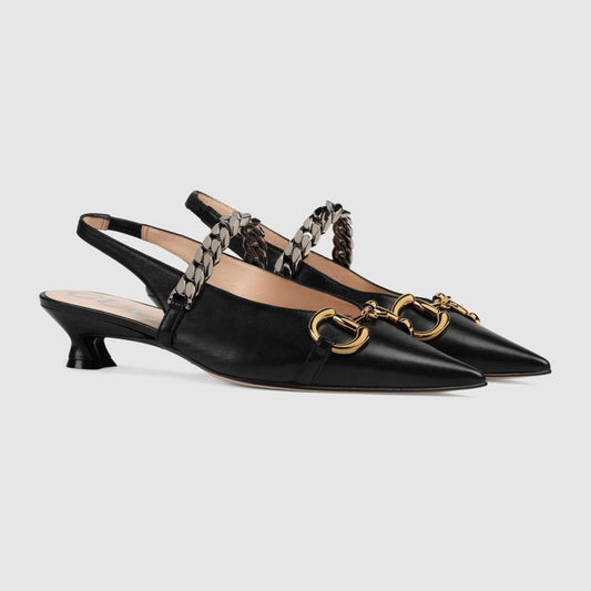 Gucci Horsebit & Chain Leather Slingback Pump