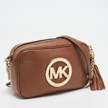 Brown Leather Logo Camera Crossbody Bag