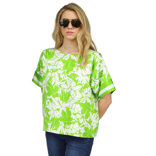 Women's Palm-Print Satin Twill Short-Sleeve Blouse