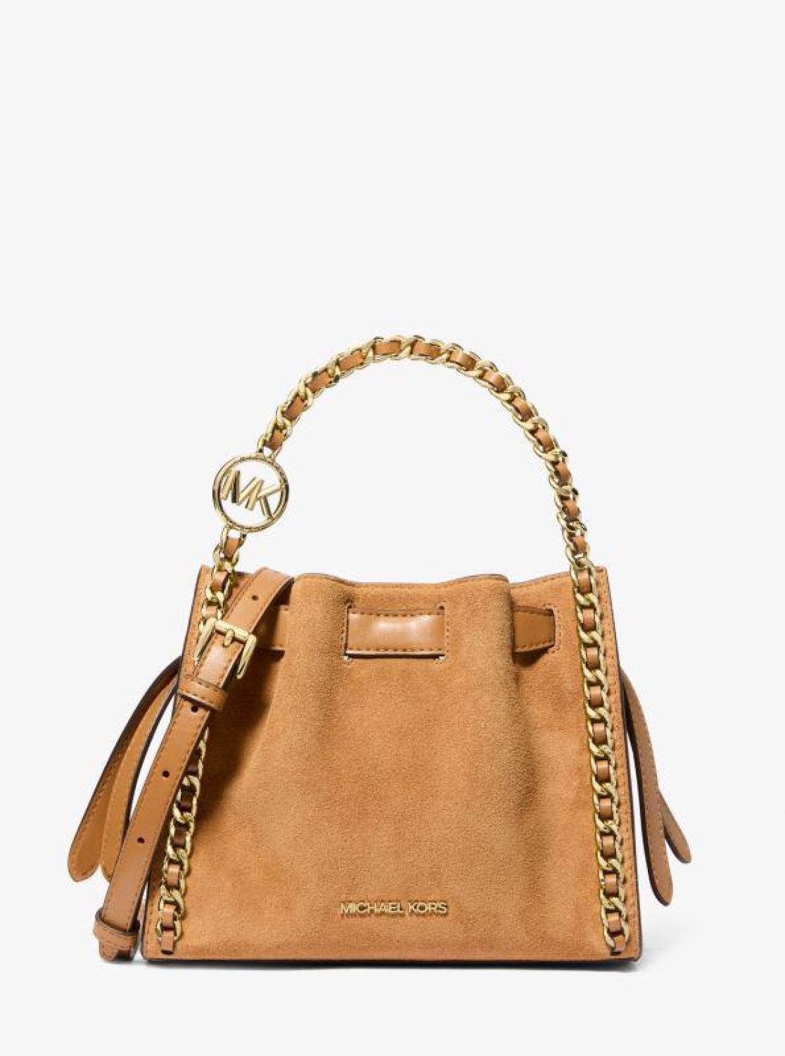 Mina Small Suede Logo Chain Crossbody Bag