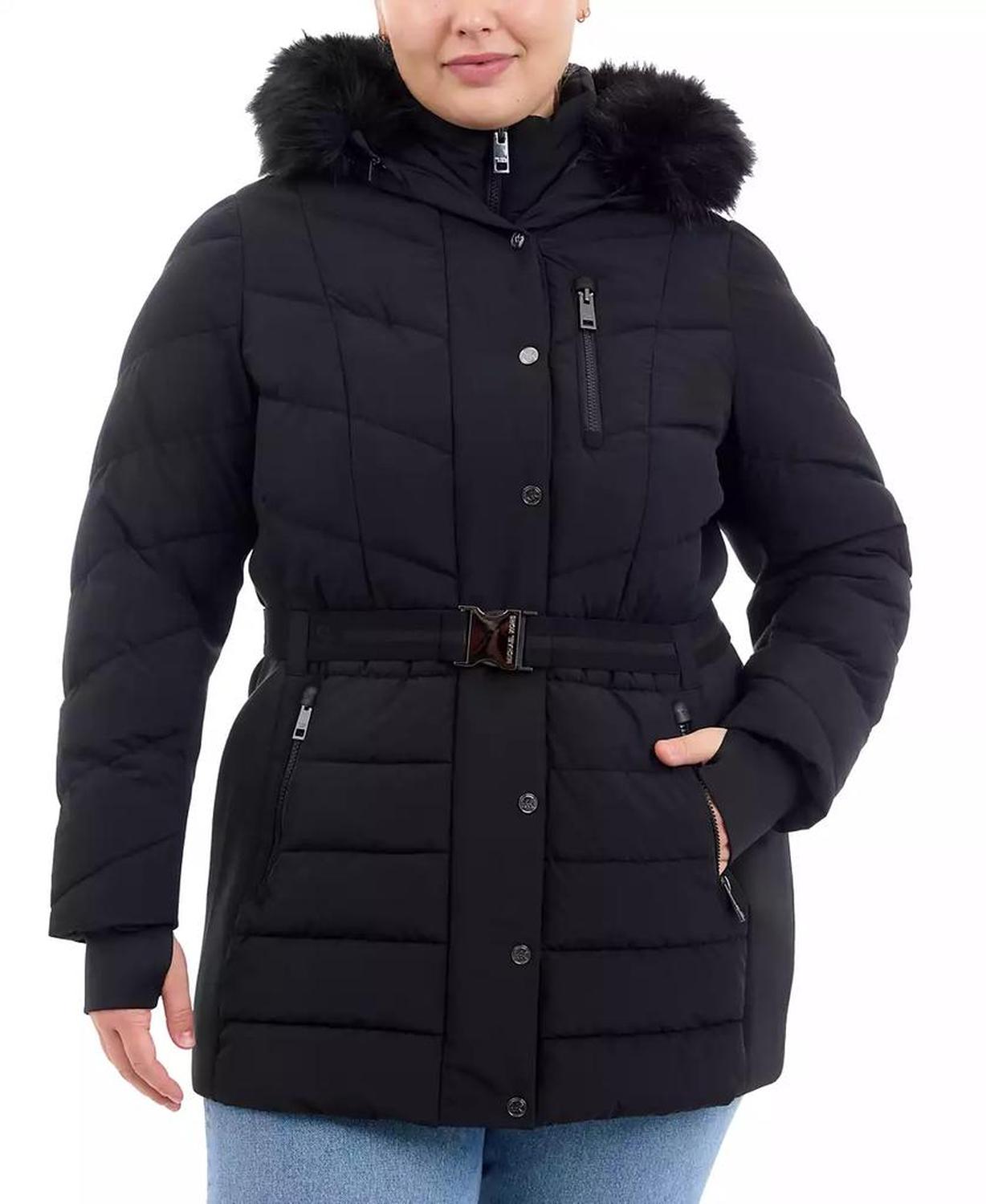 Plus Size Belted Faux-Fur-Trim Hooded Puffer Coat