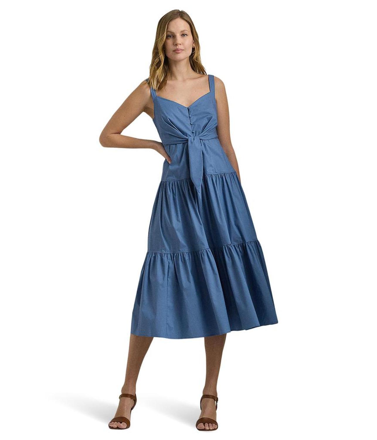 Cotton-Blend Tie-Front Tiered Dress