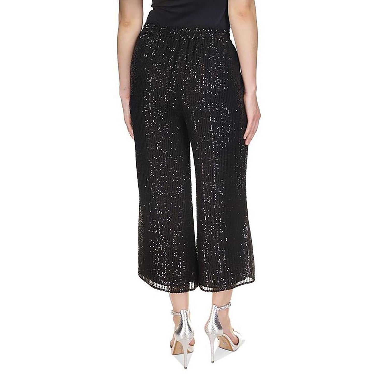 Petites Womens Sequined Wide Leg Cropped Pants