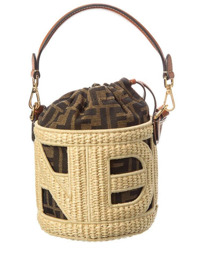 FENDI Mini Raffia & Leather Bucket Bag