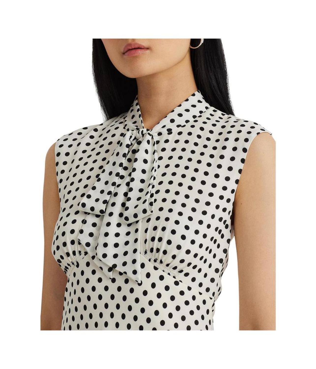 Polka-Dot Georgette Tie-Neck Dress