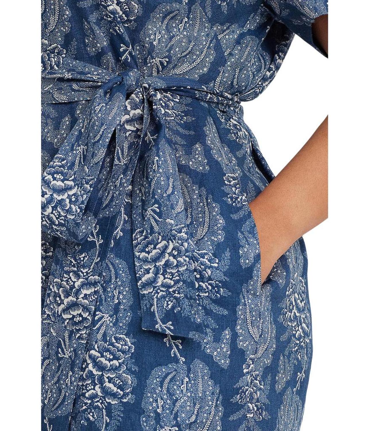 Plus-Size Floral Belted Linen Shirtdress