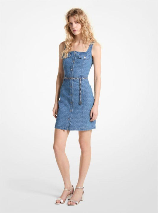 Logo Jacquard Stretch Denim Belted Dress