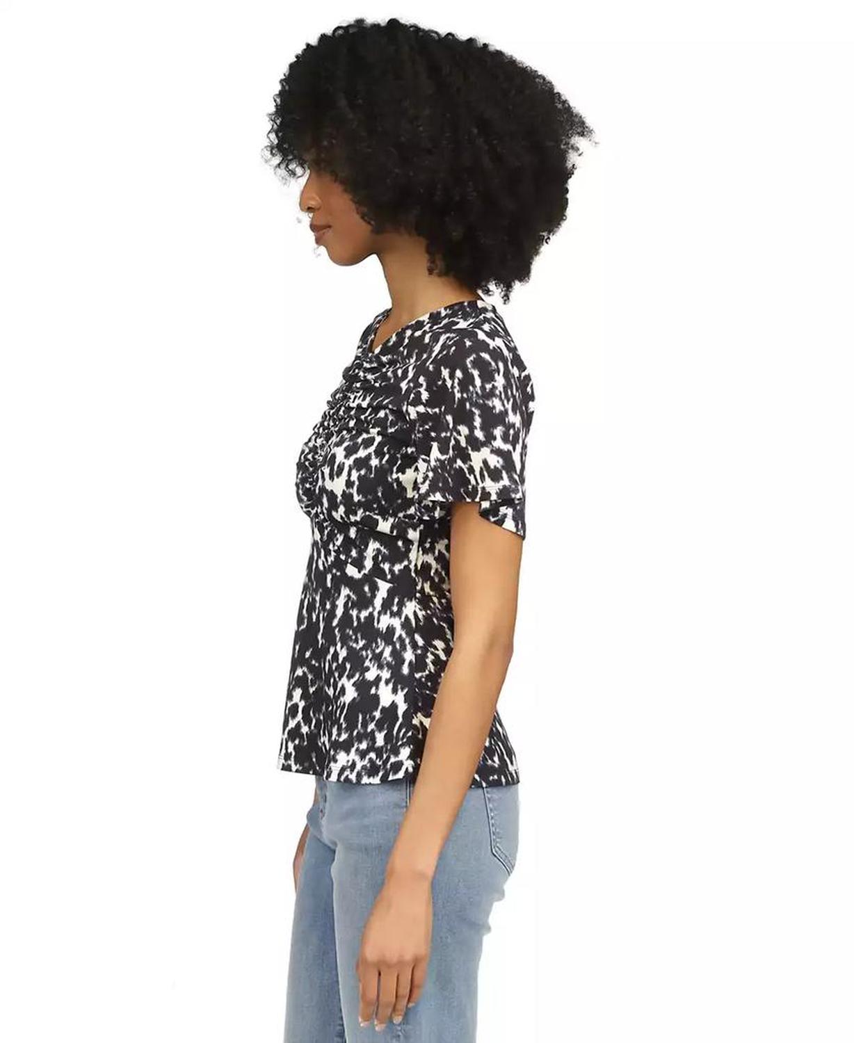 Women's Printed Flutter-Sleeve Keyhole Top